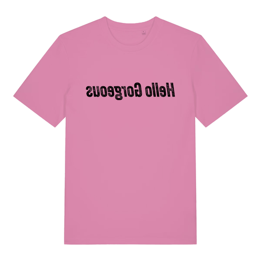 Bubble Pink women's Hello Gorgeous mirror T-shirt flat lay featuring funny backwards mirror text design