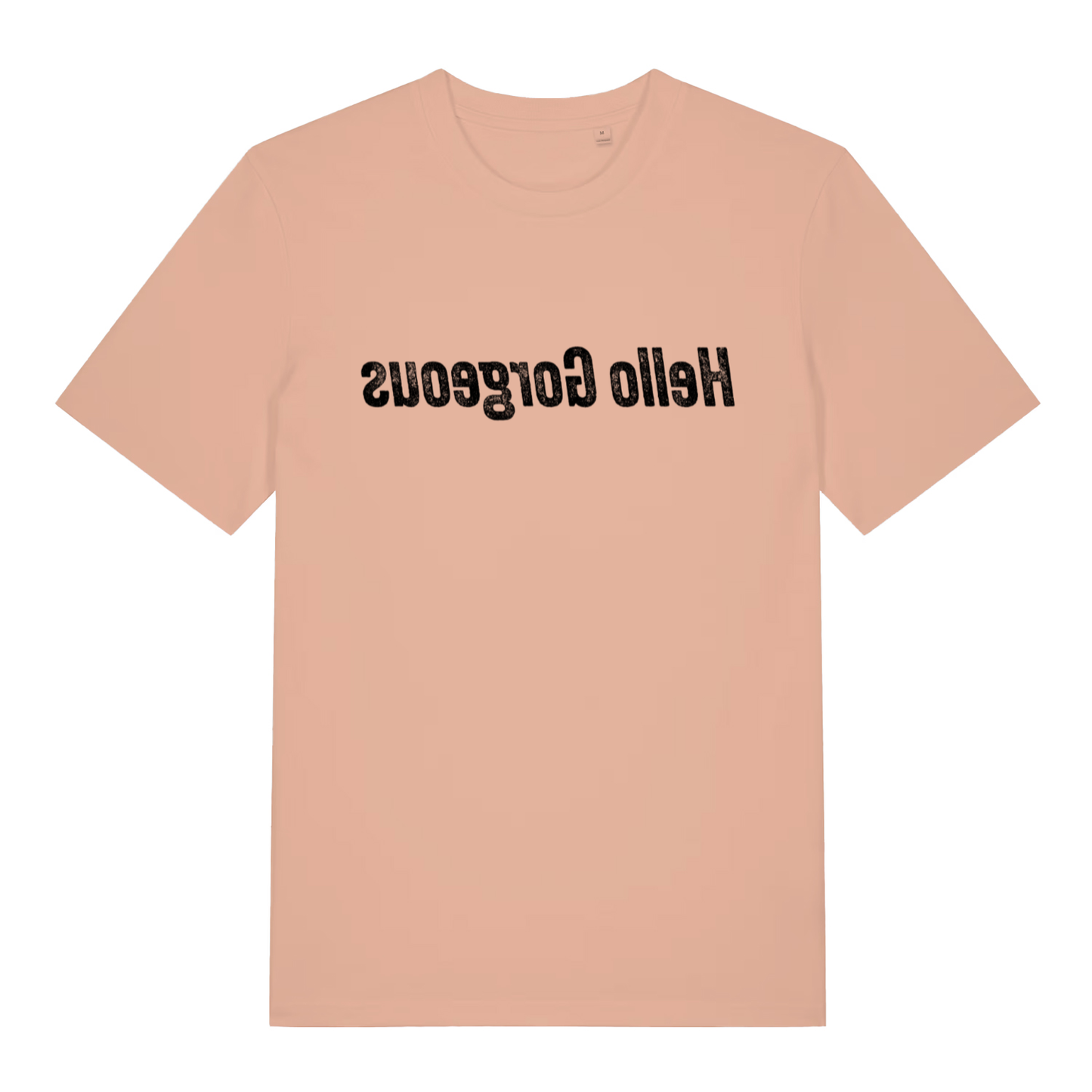 Fraiche Peche women's Hello Gorgeous mirror T-shirt flat lay showing humorous "Hello Gorgeous" slogan