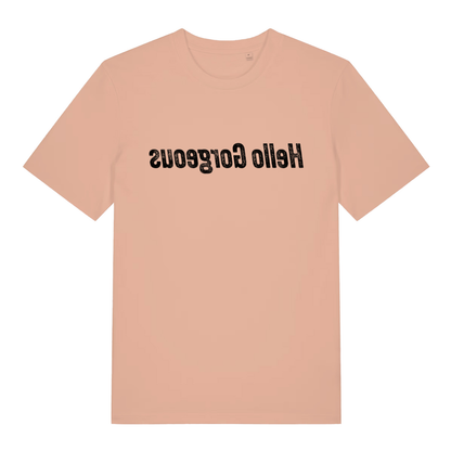 Fraiche Peche women's Hello Gorgeous mirror T-shirt flat lay showing humorous "Hello Gorgeous" slogan