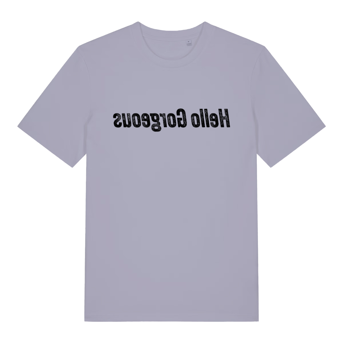 Lavender women's Hello Gorgeous mirror T-shirt flat lay with mirror-writing funny slogan graphic