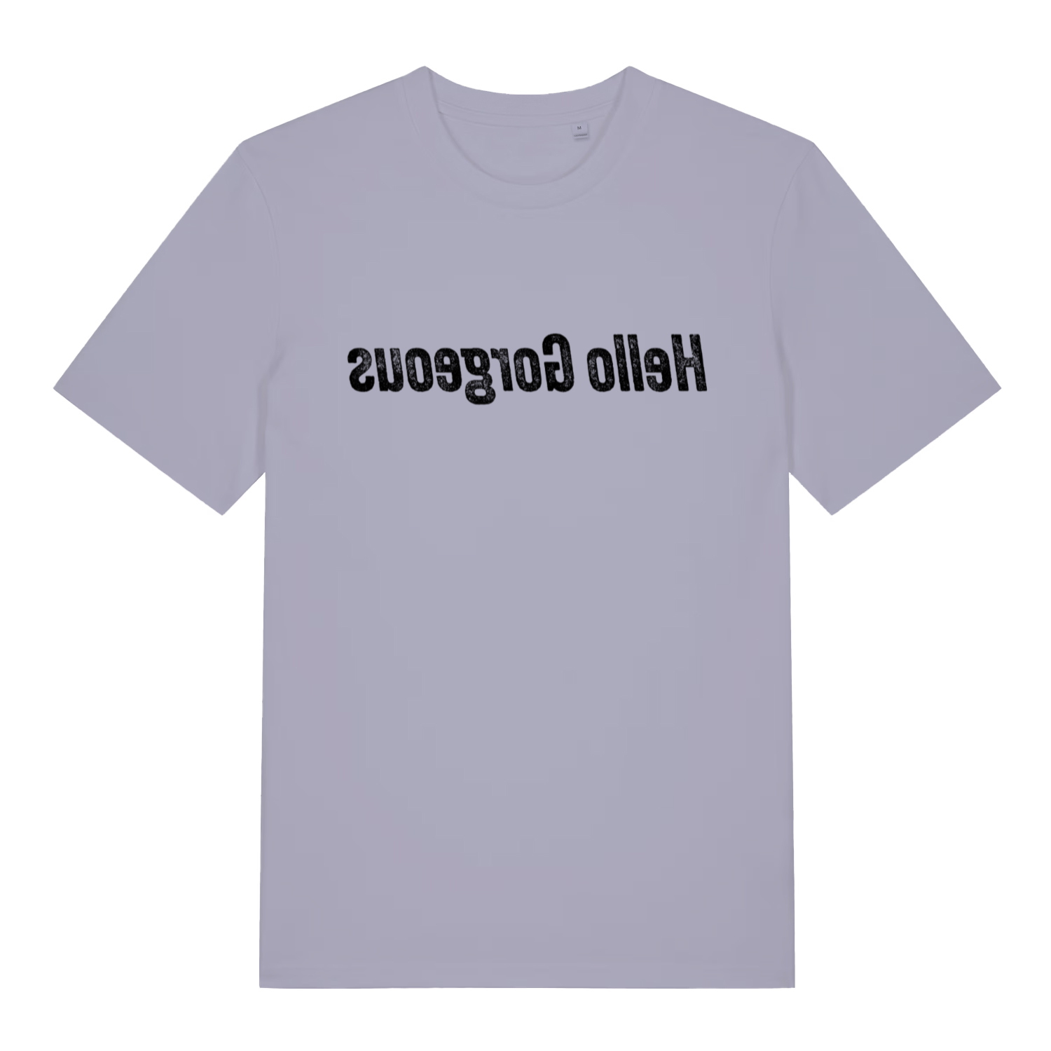 Lavender women's Hello Gorgeous mirror T-shirt flat lay with mirror-writing funny slogan graphic