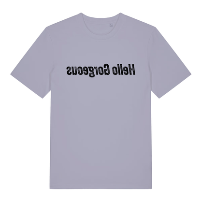 Lavender women's Hello Gorgeous mirror T-shirt flat lay with mirror-writing funny slogan graphic