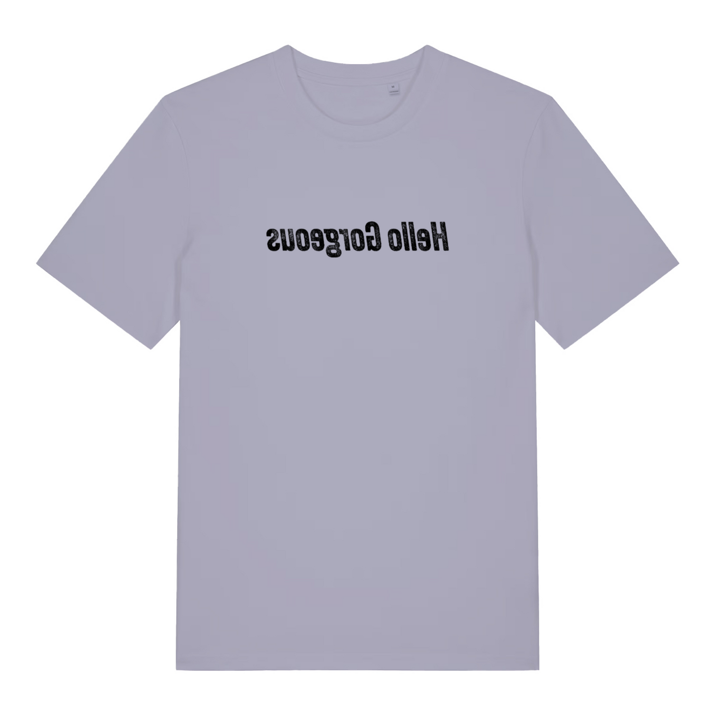 lavender women's logan t-shirt with the text 'hello gorgeous' that is written in mirror image