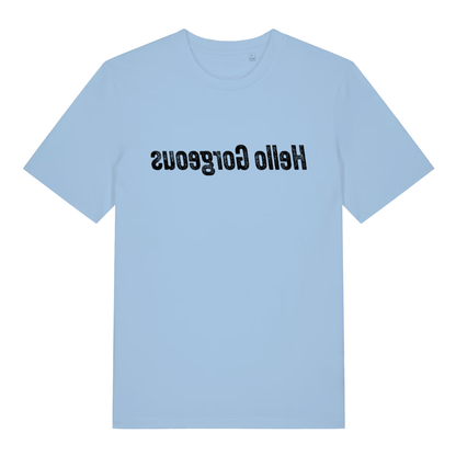 Light Blue women's Hello Gorgeous mirror T-shirt flat lay displaying upside-down "Hello Gorgeous" text