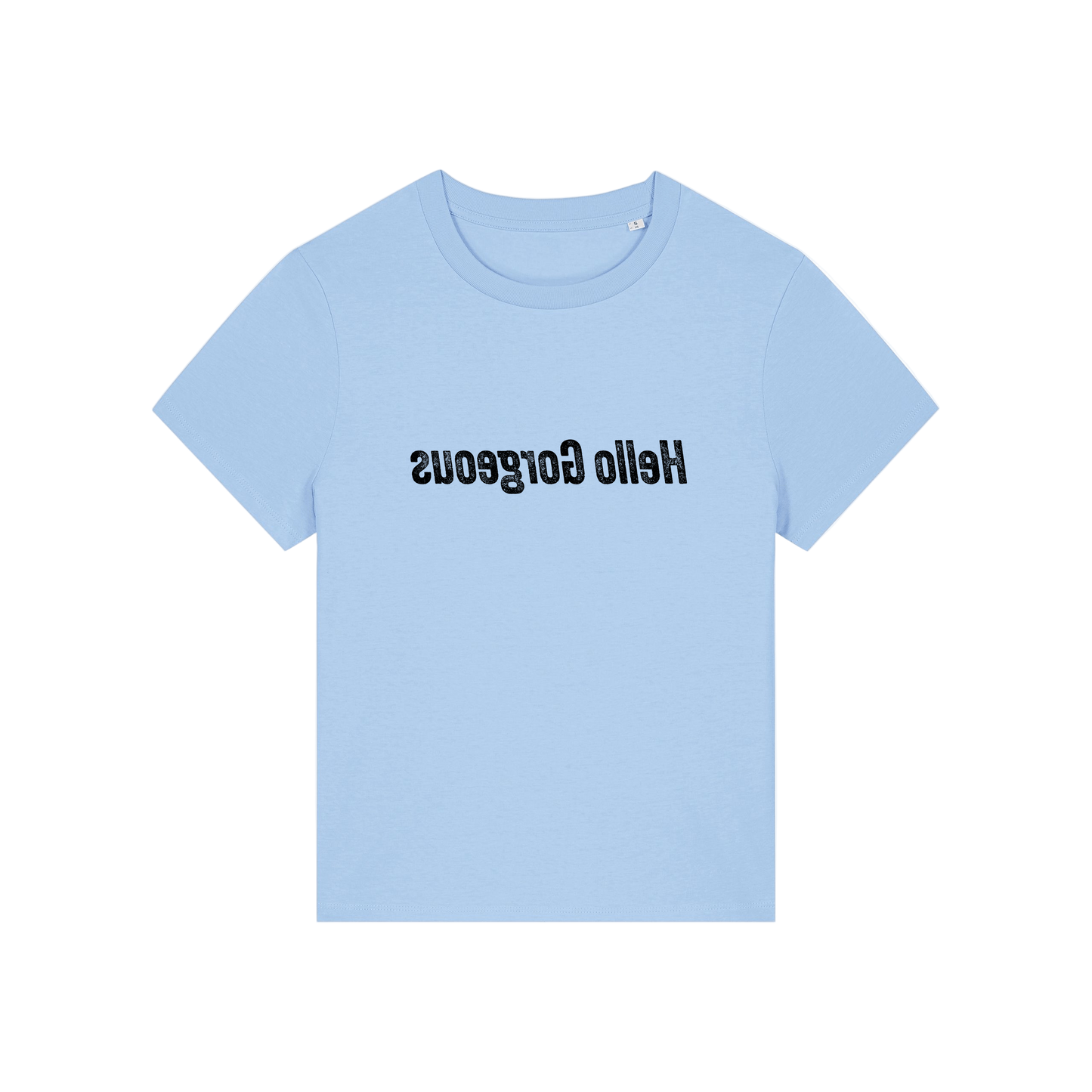 light blue slogan t-shirt with the slogan 'hello gorgeous' written in mirror image