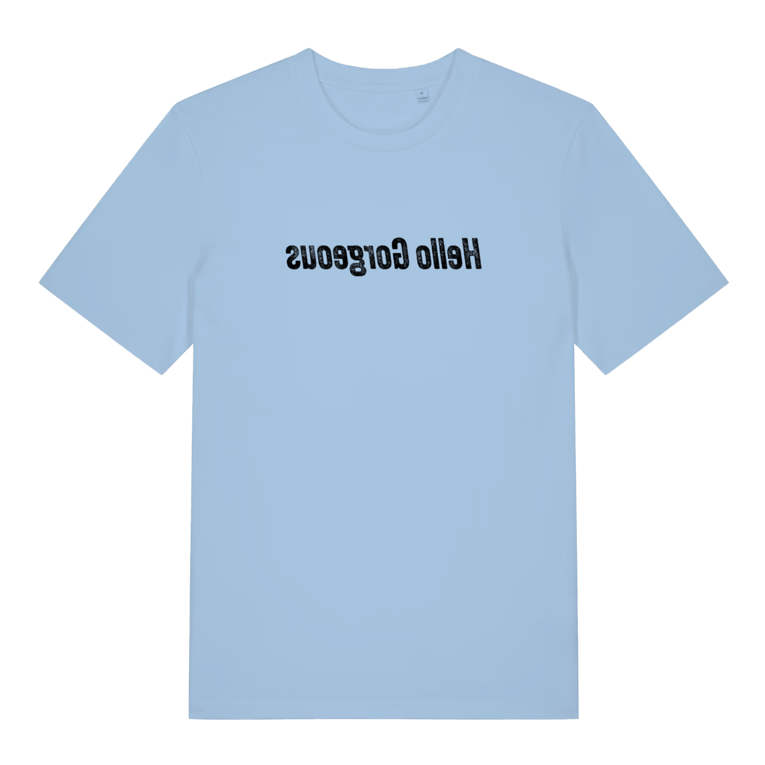 light blue women's logan t-shirt with the text 'hello gorgeous' that is written in mirror image