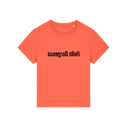 orange slogan t-shirt with the slogan 'hello gorgeous' written in mirror image