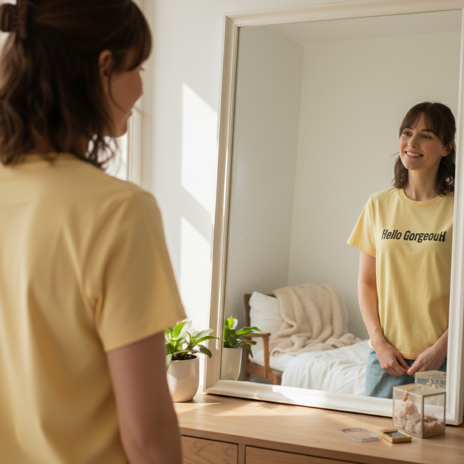 Woman wearing a yellow 'Hello Gorgeous' t-shirt looking at herself in a mirror.