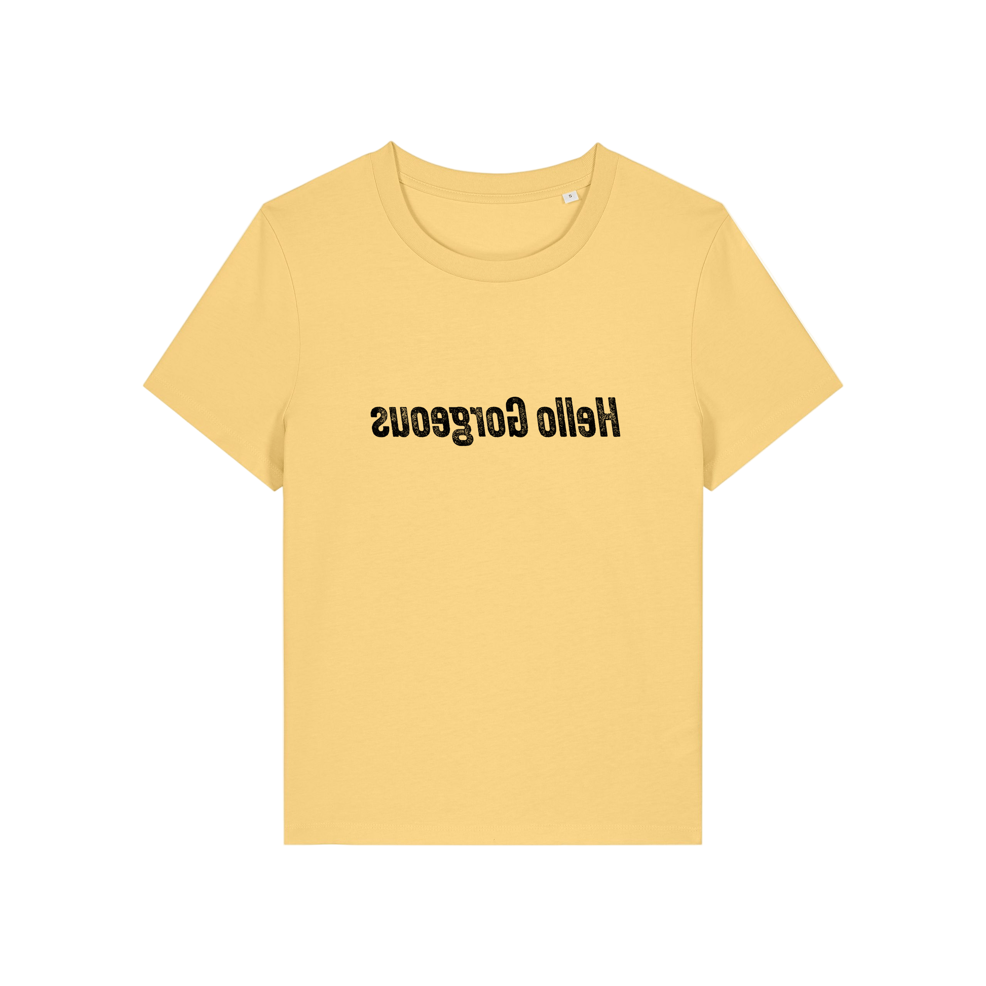 yellow slogan t-shirt with the slogan 'hello gorgeous' written in mirror image