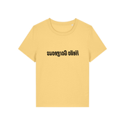 yellow slogan t-shirt with the slogan 'hello gorgeous' written in mirror image