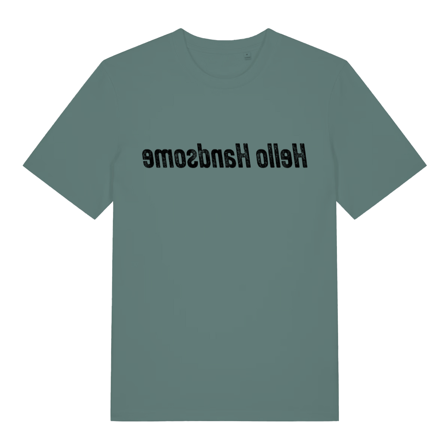 Green Bay men's Hello Handsome mirror T-shirt flat lay with upside-down "Hello Handsome" slogan