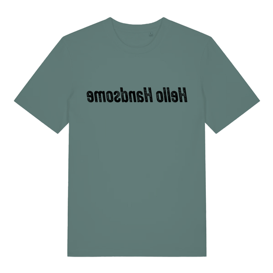 Green Bay men's Hello Handsome mirror T-shirt flat lay with upside-down "Hello Handsome" slogan