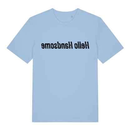 Light Blue men's Hello Handsome mirror T-shirt flat lay featuring funny backwards mirror text design