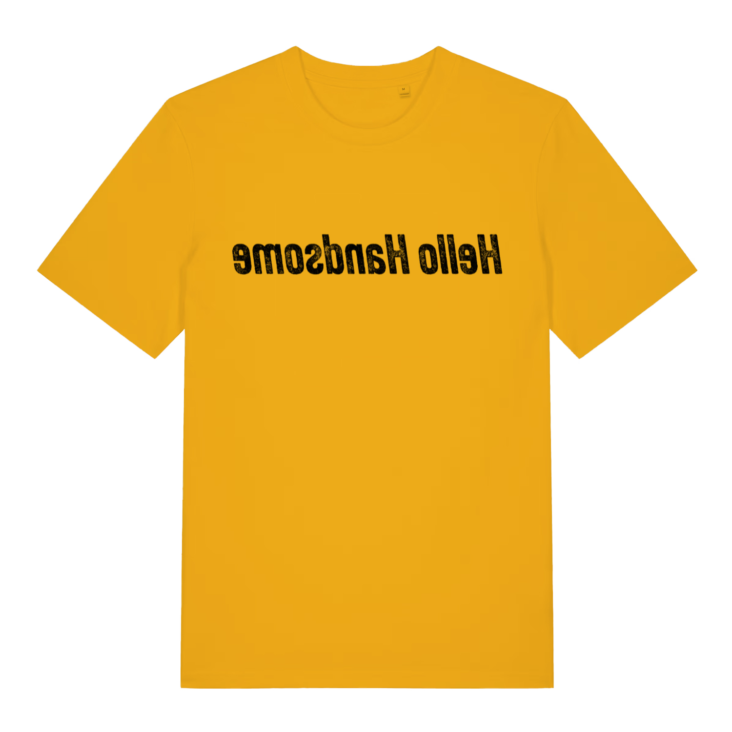 Spectra Yellow men's Hello Handsome mirror T-shirt flat lay showing humorous "Hello Handsome" slogan