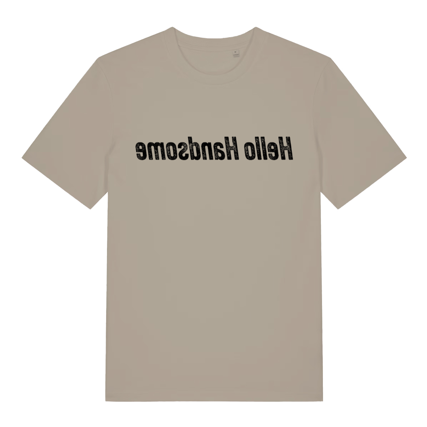 Stone men's Hello Handsome mirror T-shirt flat lay with mirror-writing funny slogan graphic