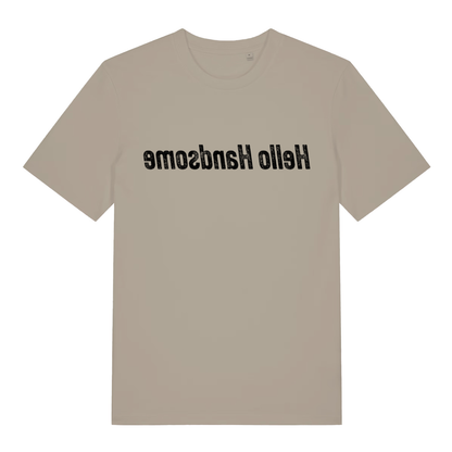 Stone men's Hello Handsome mirror T-shirt flat lay with mirror-writing funny slogan graphic