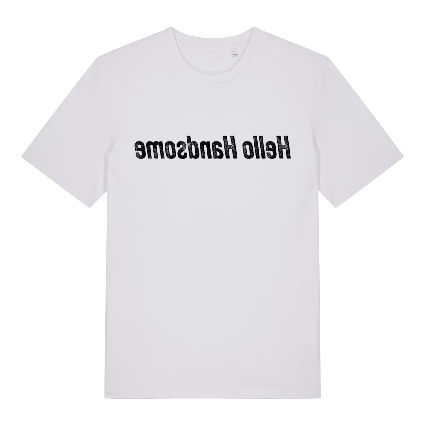 White men's Hello Handsome mirror T-shirt flat lay displaying upside-down "Hello Handsome" text