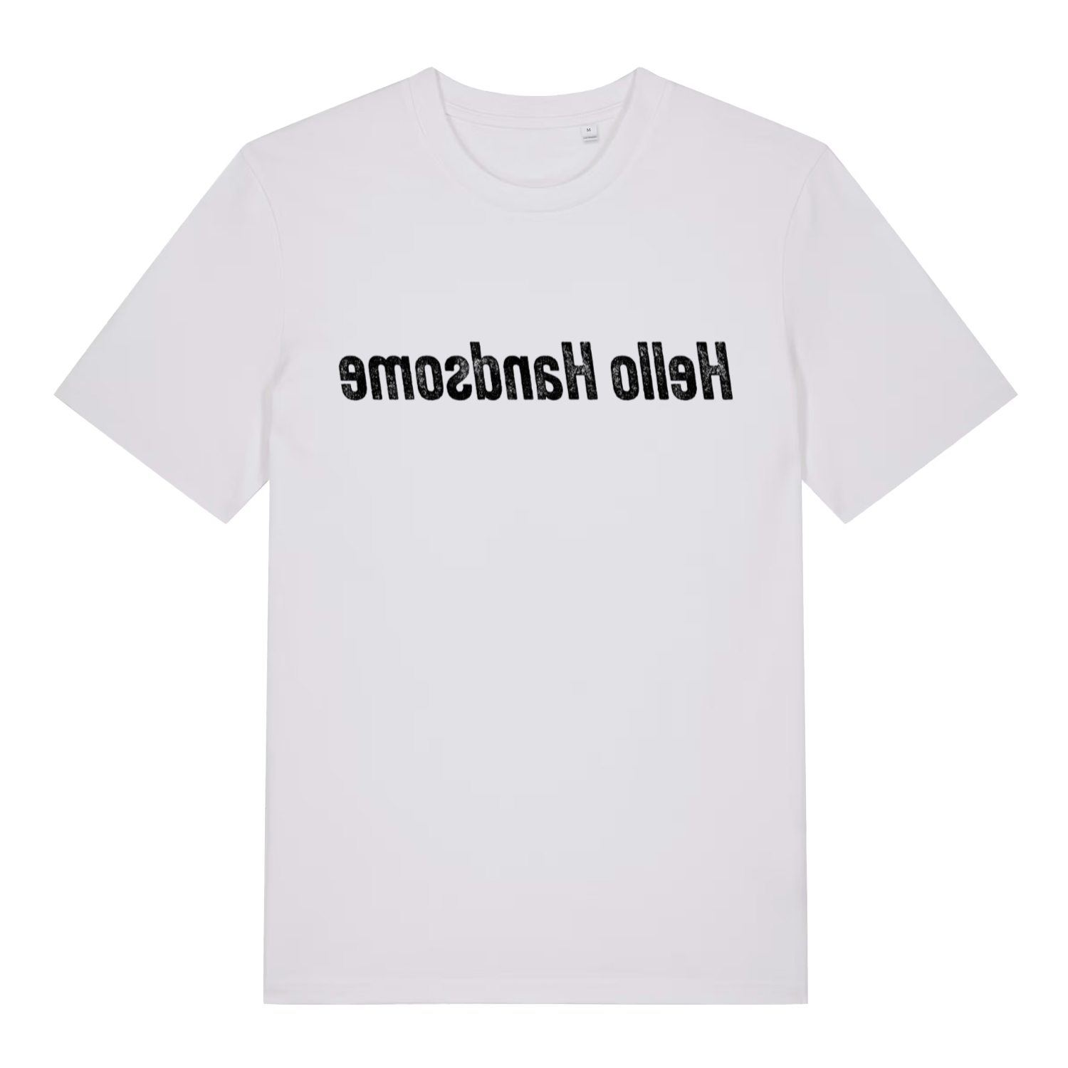 White men's Hello Handsome mirror T-shirt flat lay displaying upside-down "Hello Handsome" text