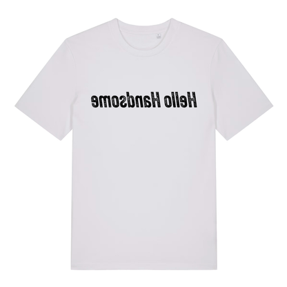 White men's Hello Handsome mirror T-shirt flat lay displaying upside-down "Hello Handsome" text