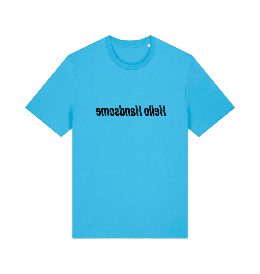 blue funny slogan t-shirt that has the slogan 'hello handsome' written backwards so that you can read it in the mirror