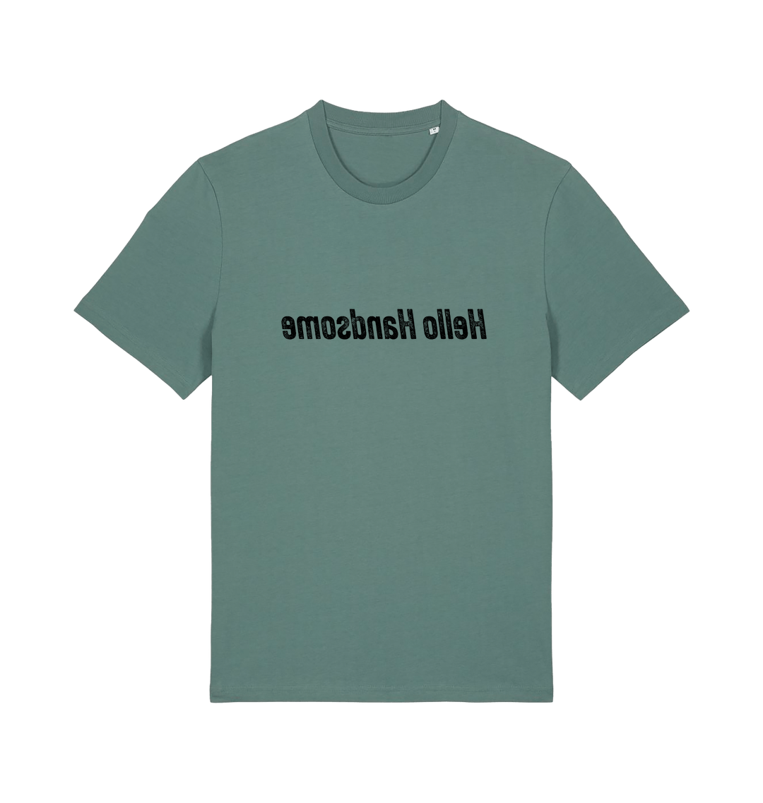 green funny slogan t-shirt that has the slogan 'hello handsome' written backwards so that you can read it in the mirror