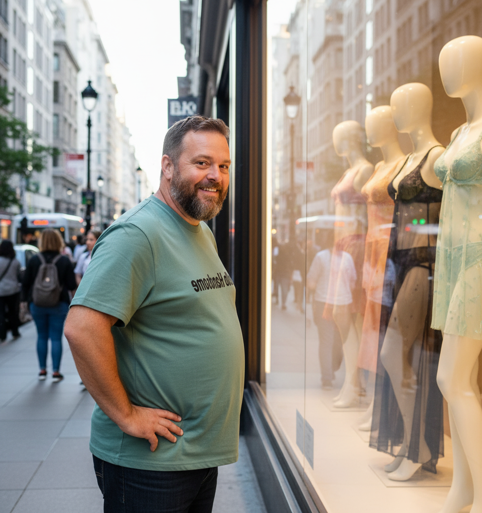 Man standing on a city street next to a store window display