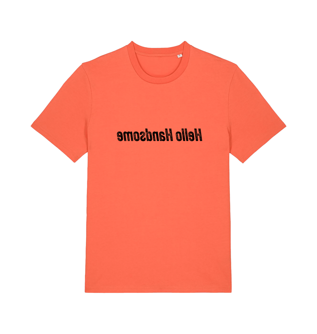 orange funny slogan t-shirt that has the slogan 'hello handsome' written backwards so that you can read it in the mirror