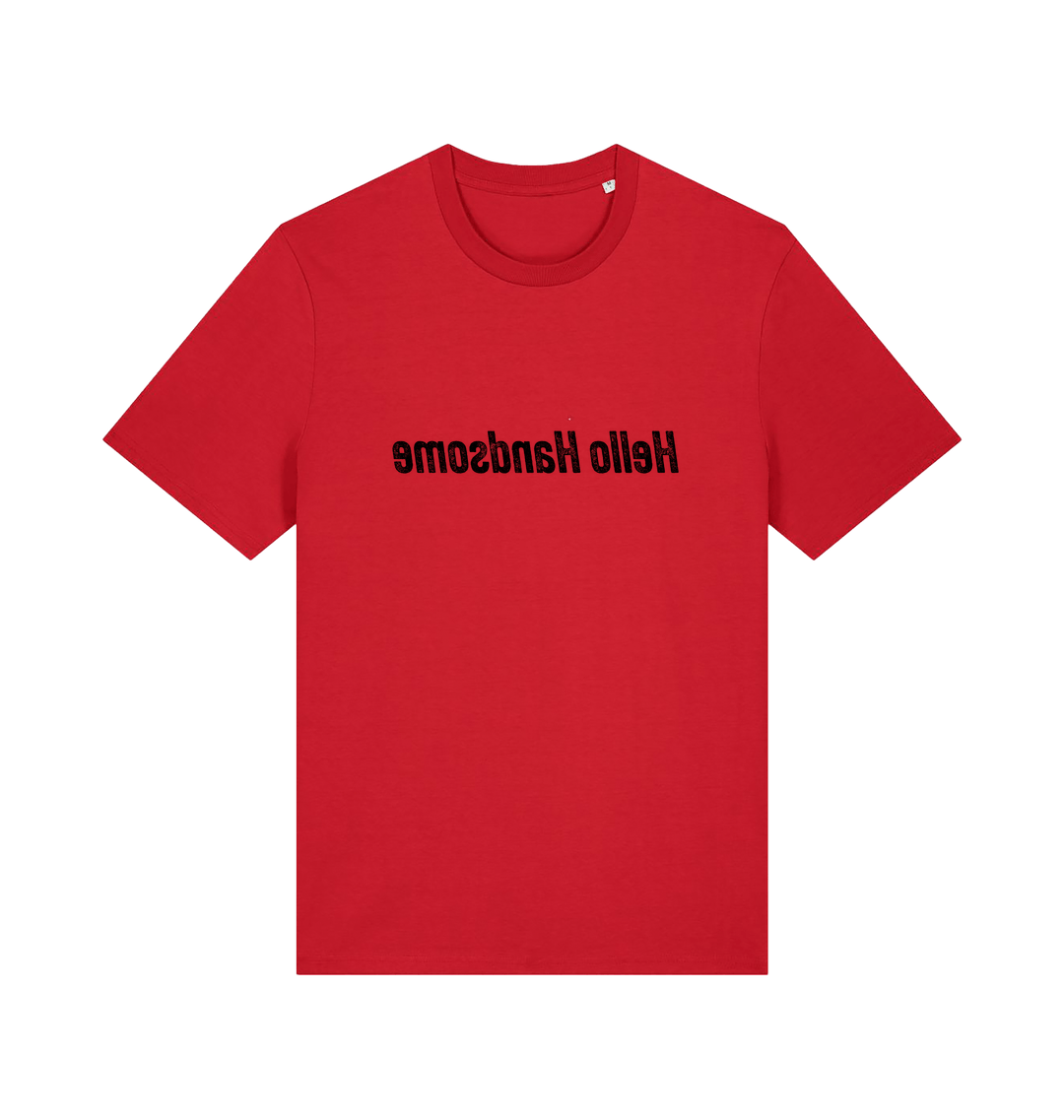 red funny slogan t-shirt that has the slogan 'hello handsome' written backwards so that you can read it in the mirror