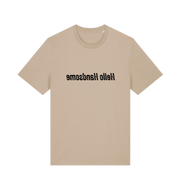 beige funny slogan t-shirt that has the slogan 'hello handsome' written backwards so that you can read it in the mirror