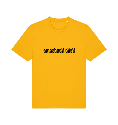 yellow funny slogan t-shirt that has the slogan 'hello handsome' written backwards so that you can read it in the mirror