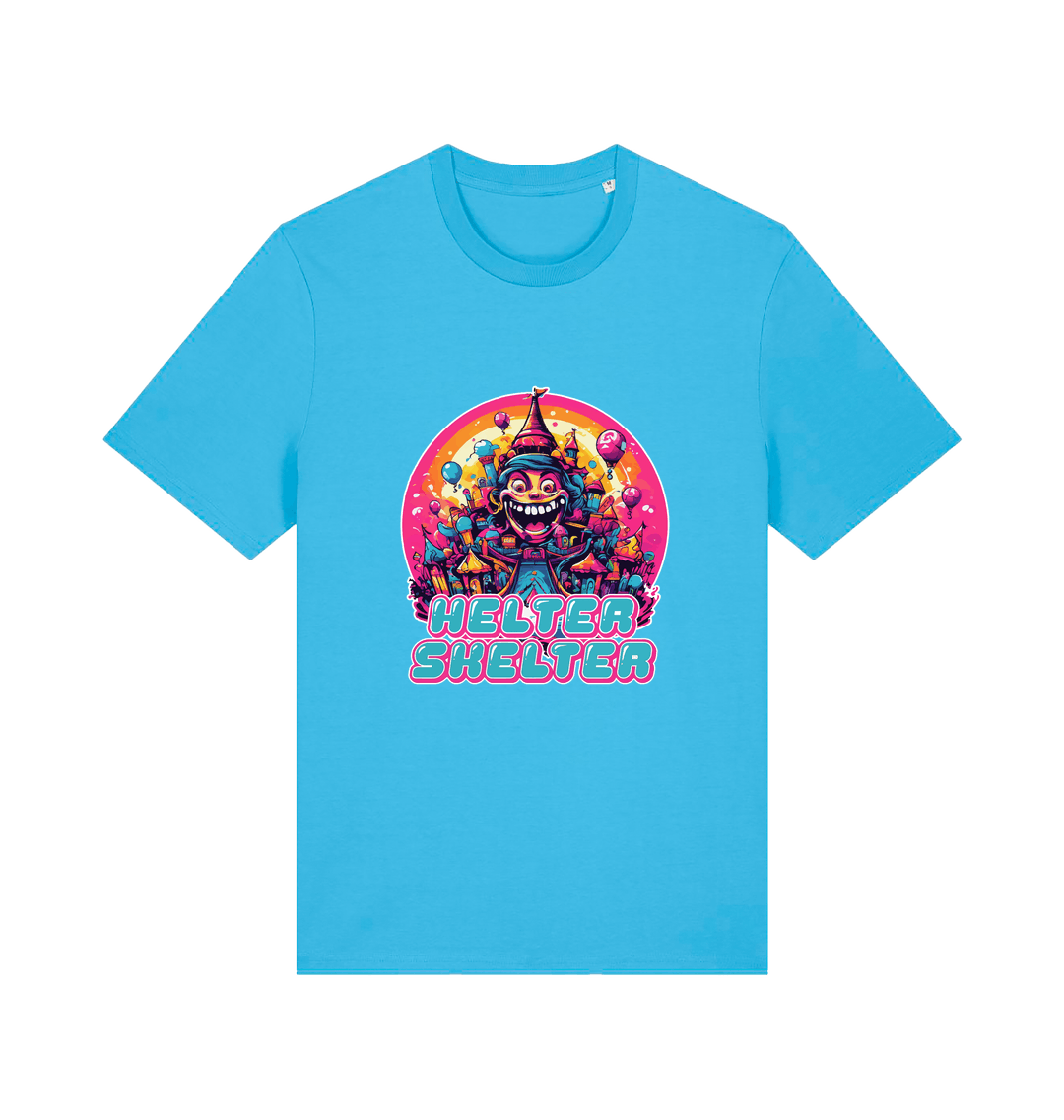 blue music t-shirt with a colourful graphic and the slogan helter skelter