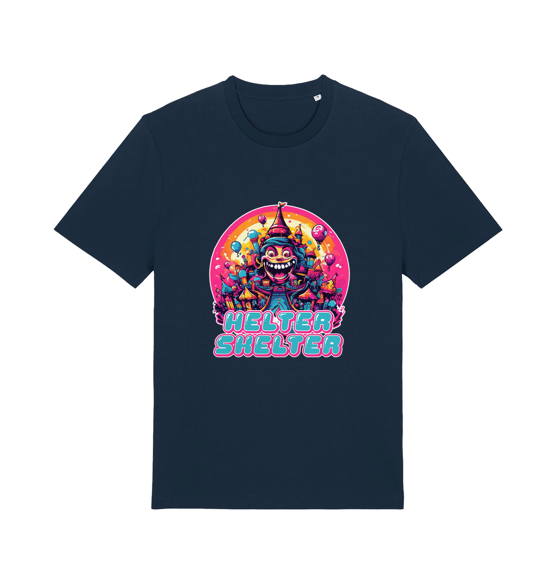 navy music t-shirt with a colourful graphic and the slogan helter skelter