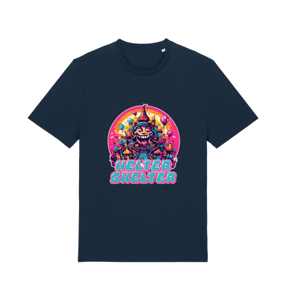 navy music t-shirt with a colourful graphic and the slogan helter skelter