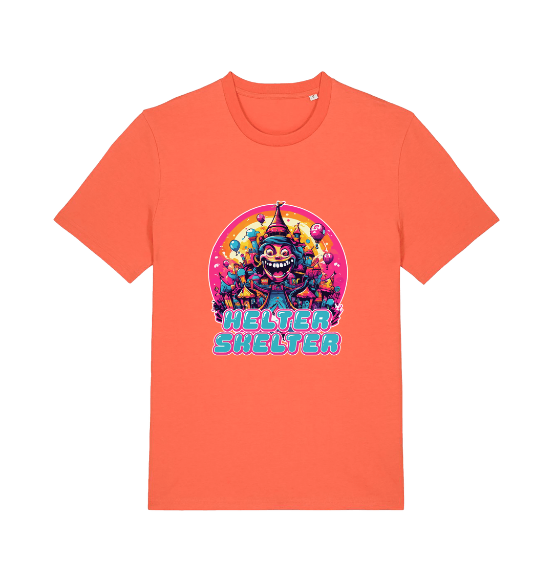 orange music t-shirt with a colourful graphic and the slogan helter skelter