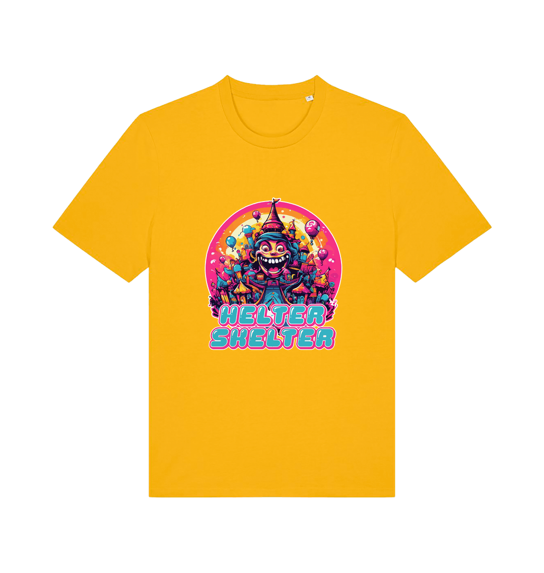 yellow music t-shirt with a colourful graphic and the slogan helter skelter