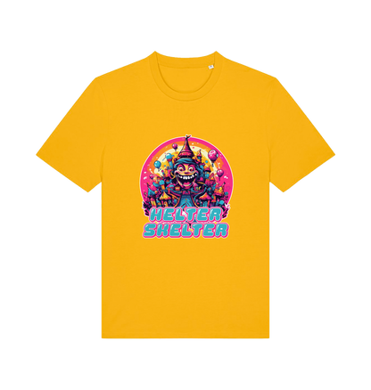yellow music t-shirt with a colourful graphic and the slogan helter skelter
