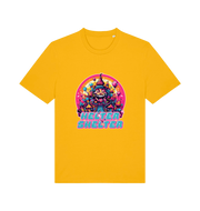 yellow music t-shirt with a colourful graphic and the slogan helter skelter