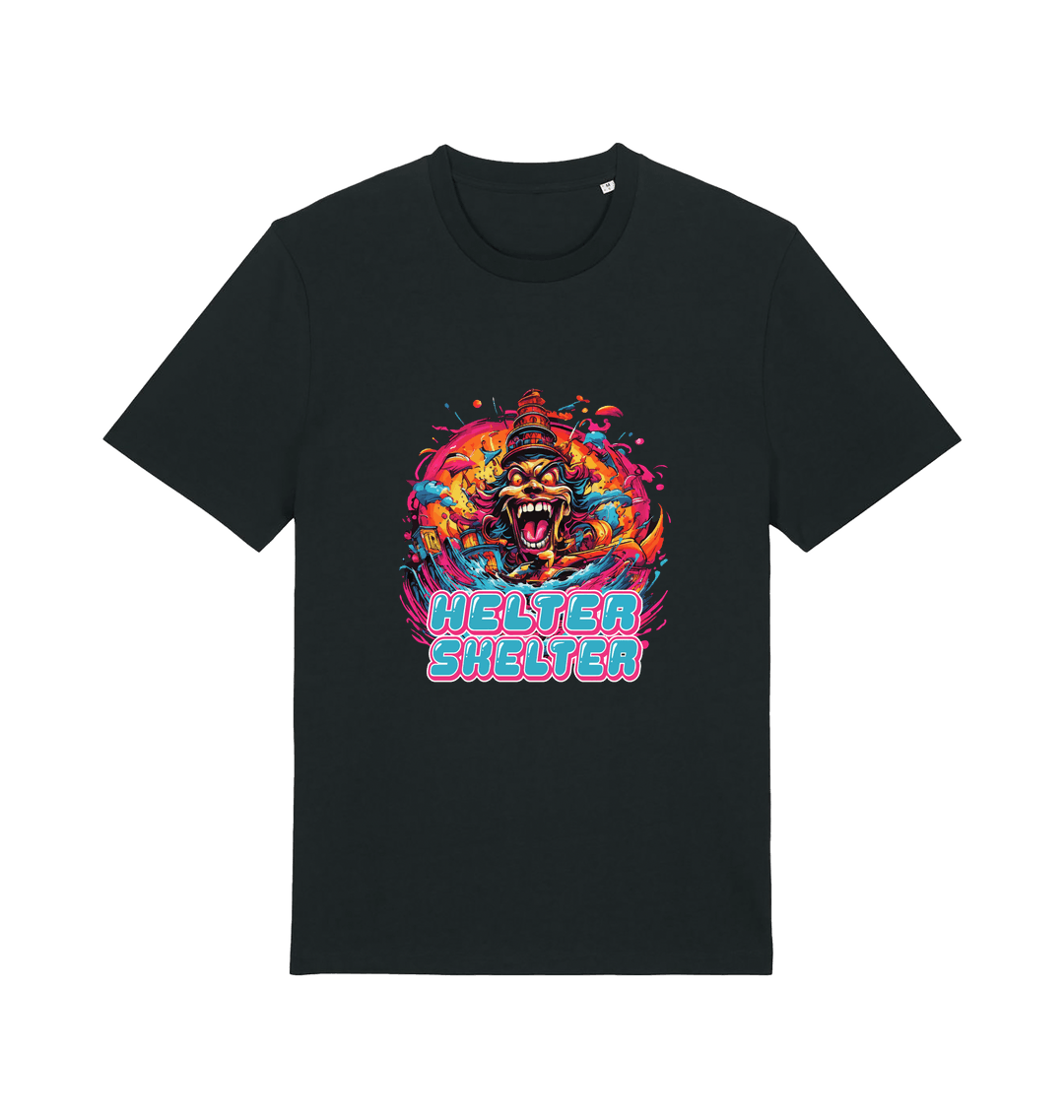 black music t-shirt with the colourful graphic of a scary looking clown and the slogan 'helter skelter'