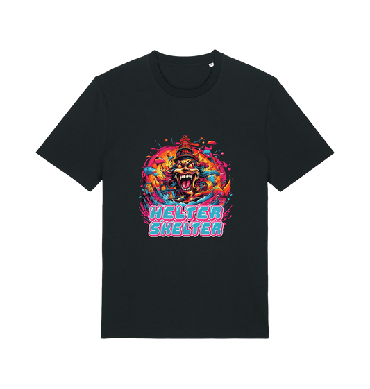 black music t-shirt with the colourful graphic of a scary looking clown and the slogan 'helter skelter'