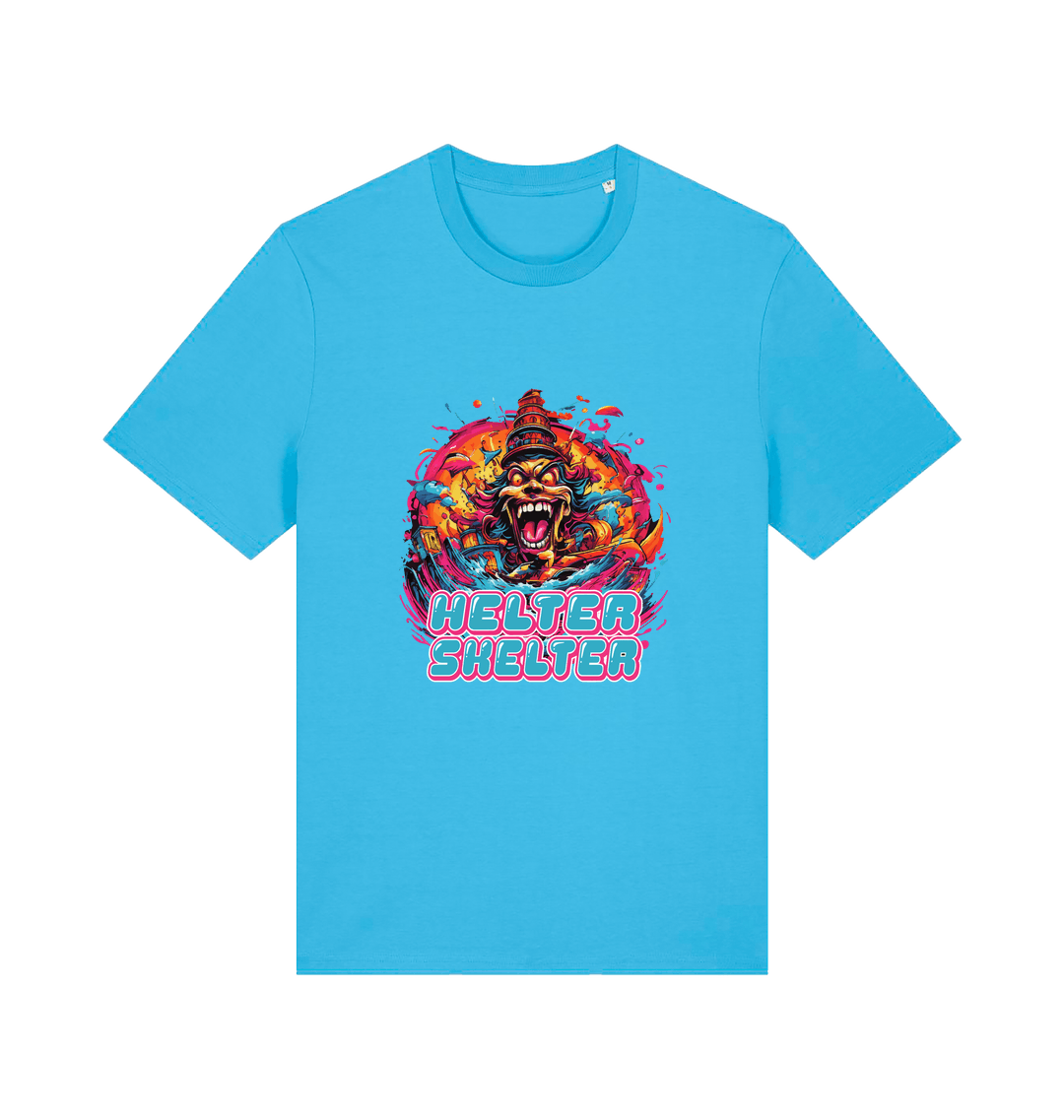 blue music t-shirt with the colourful graphic of a scary looking clown and the slogan 'helter skelter'