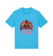 blue music t-shirt with the colourful graphic of a scary looking clown and the slogan 'helter skelter'