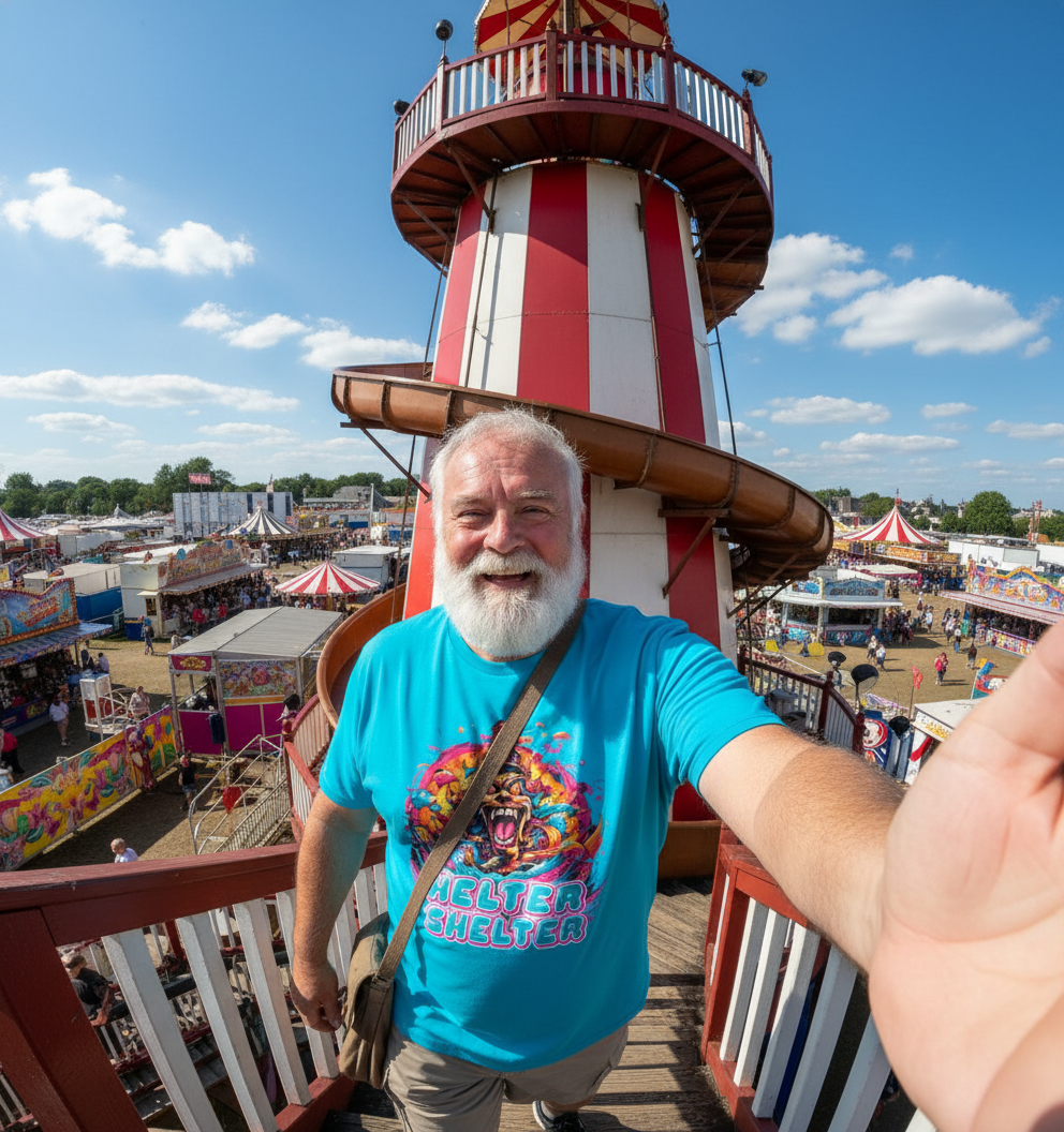 Man wearing a music inspired t-shirt taking a selfie at a carnival with a striped tower in the background