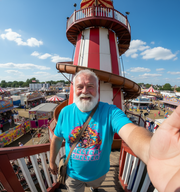 Man wearing a music inspired t-shirt taking a selfie at a carnival with a striped tower in the background