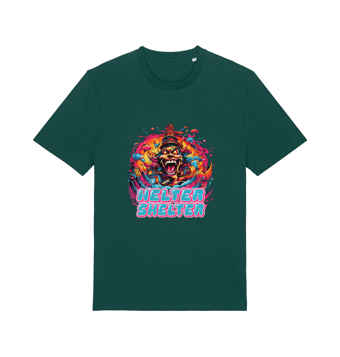 green music t-shirt with the colourful graphic of a scary looking clown and the slogan 'helter skelter'
