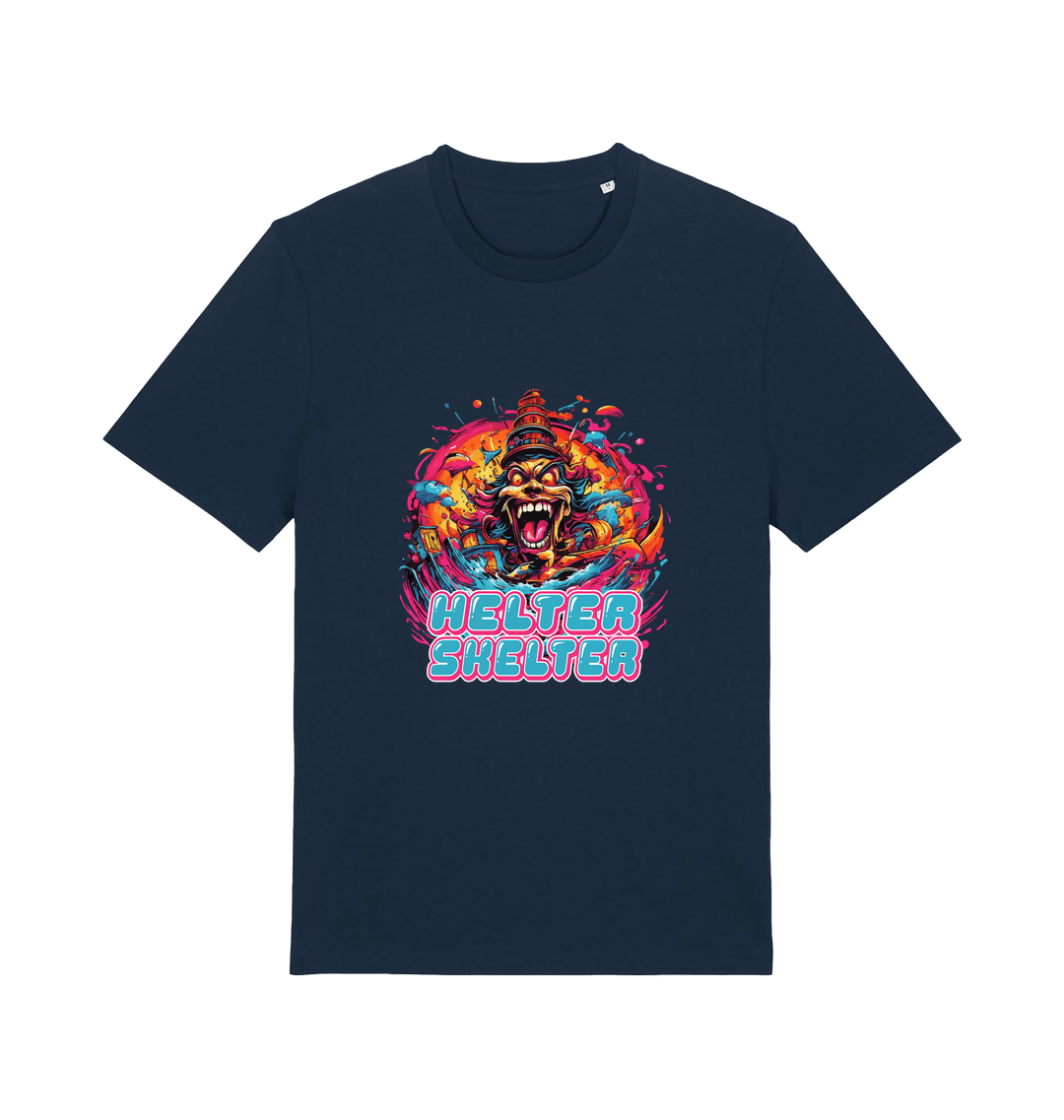 navy music t-shirt with the colourful graphic of a scary looking clown and the slogan 'helter skelter'