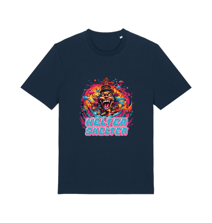 navy music t-shirt with the colourful graphic of a scary looking clown and the slogan 'helter skelter'