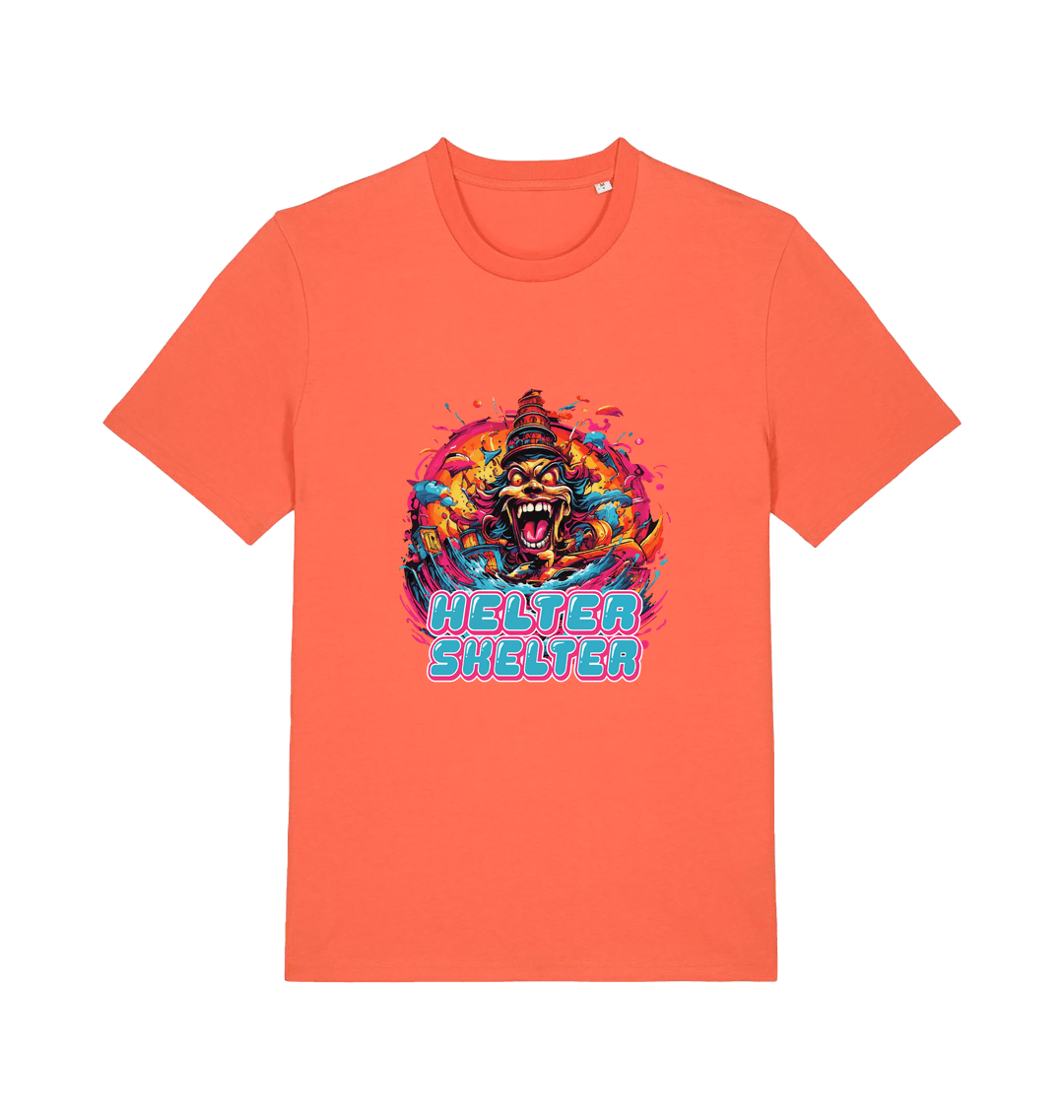 orange music t-shirt with the colourful graphic of a scary looking clown and the slogan 'helter skelter'