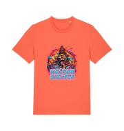 orange music t-shirt with the colourful graphic of a scary looking clown and the slogan 'helter skelter'