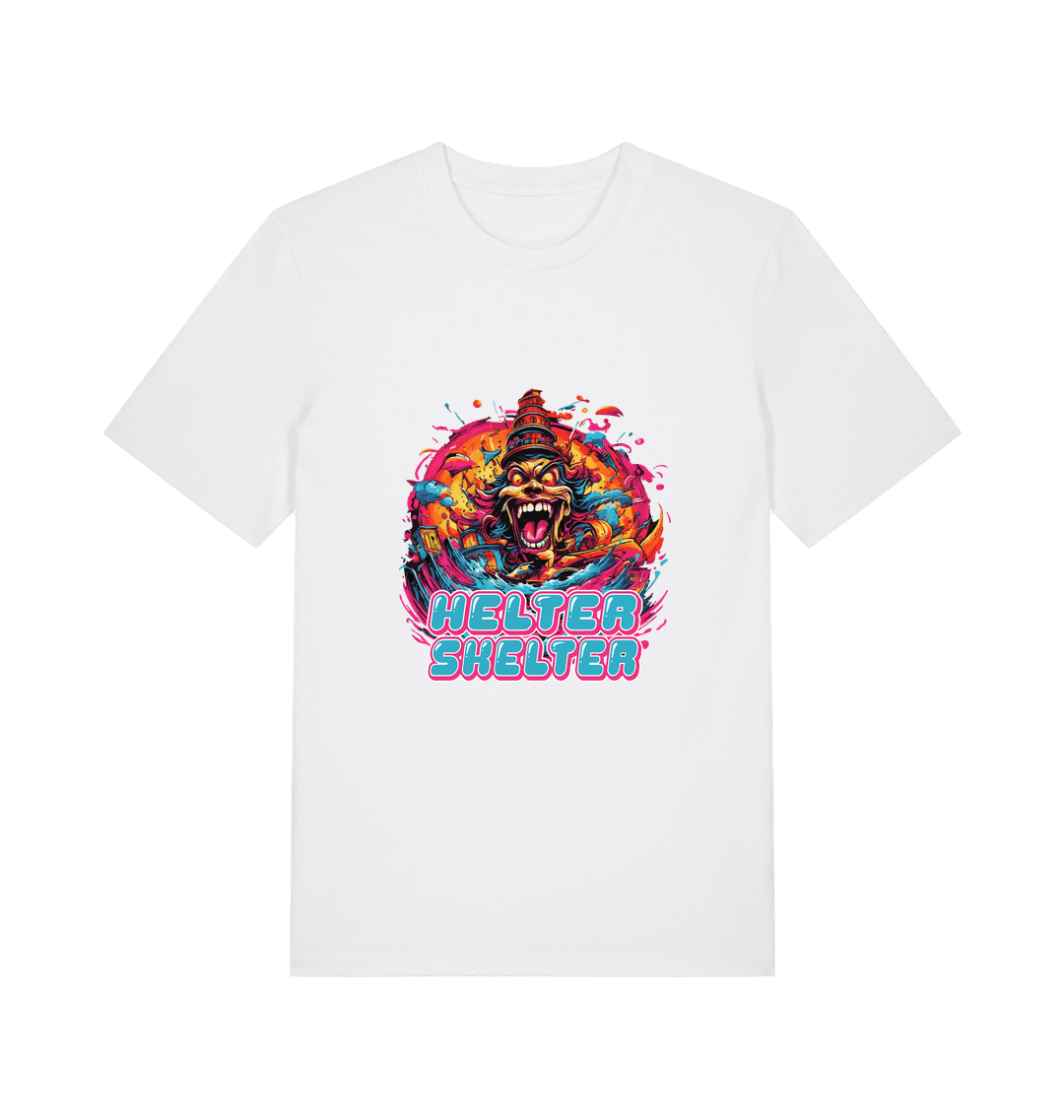 white music t-shirt with the colourful graphic of a scary looking clown and the slogan 'helter skelter'