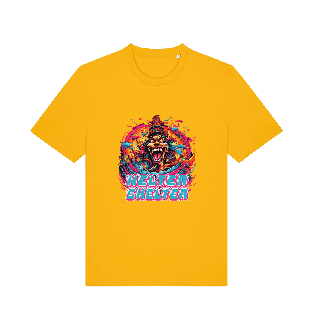 yellow music t-shirt with the colourful graphic of a scary looking clown and the slogan 'helter skelter'